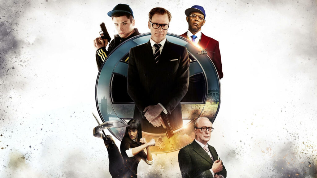 Kingsman The Secret Service logo with main characters in stylish action-packed wallpaper background