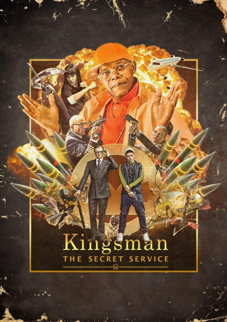 Kingsman The Secret Service poster with key characters action poses explosions missiles wallpaper