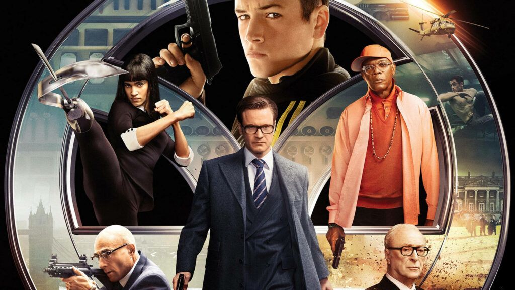 Kingsman The Secret Service characters surrounding iconic logo action style film wallpaper background