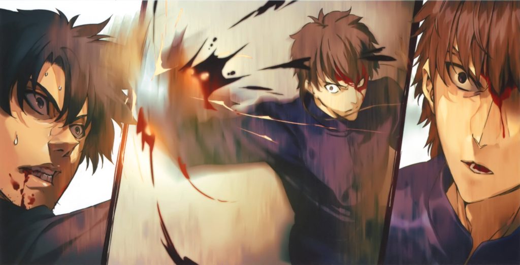 Kiritsugu Emiya fierce battle split-panel Fate Zero anime wallpaper intense lighting