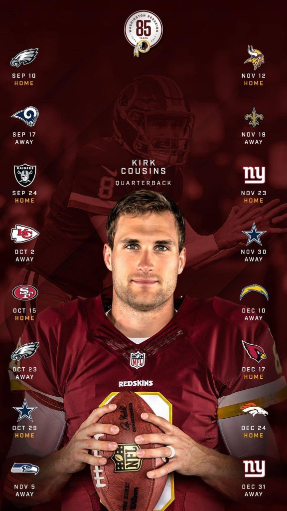 Kirk Cousins Washington Redskins 2017 schedule wallpaper with 85th anniversary emblem and logos