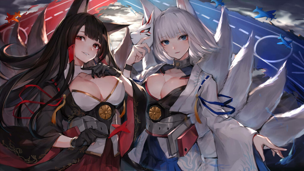 Anime Kitsune Wallpaper: Dual Characters Amidst a Dramatic Battlefield
