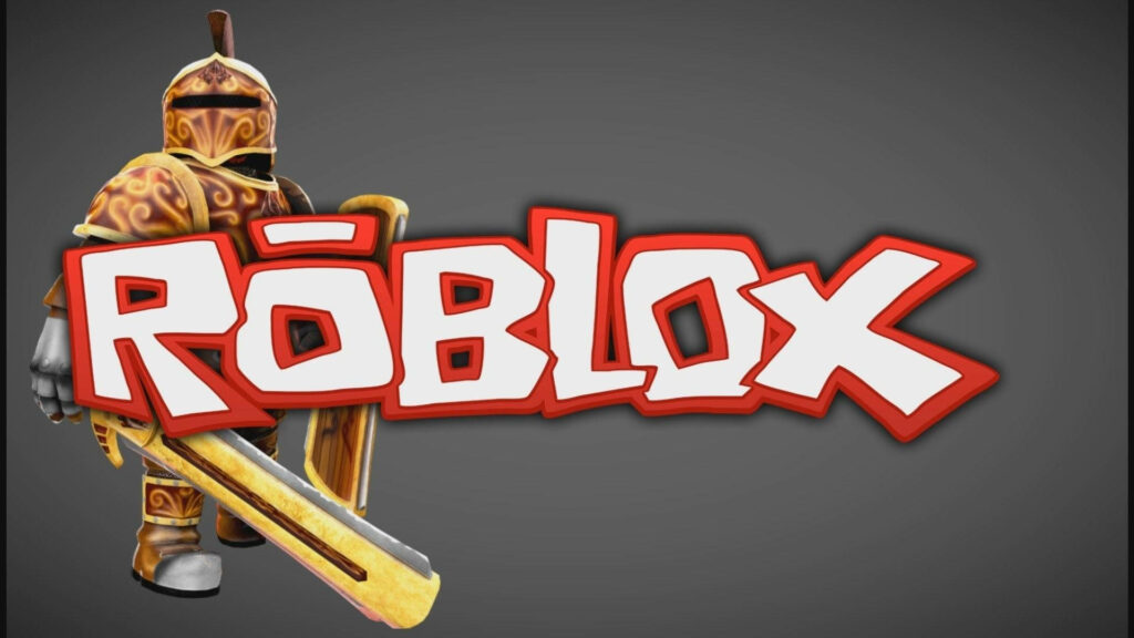 HD Roblox wallpaper of a legendary knight in gold armor with sword behind Roblox logo on gray background