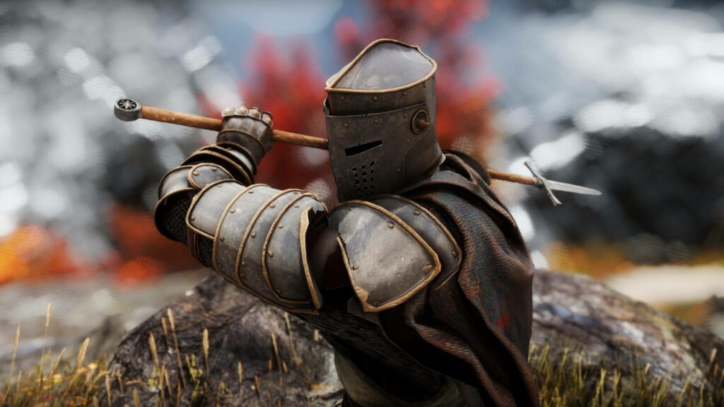 Medieval knight in full plate armor wields longsword in Mordhau grip on battlefield - detailed armor design enhances dramatic atmosphere Wallpaper