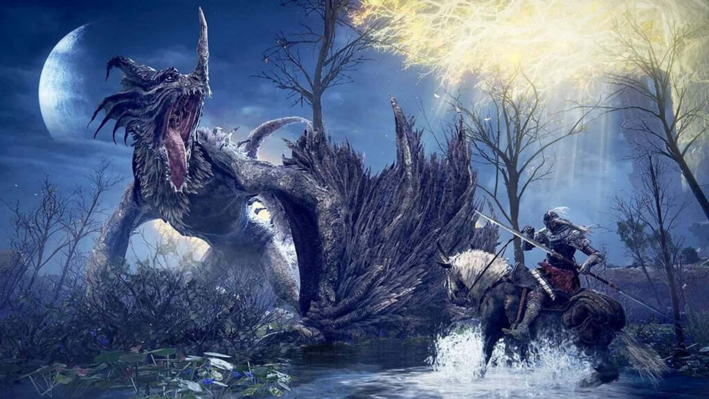 Knight in shining armor on horseback faces black dragon in moonlit swamp with golden light background Wallpaper