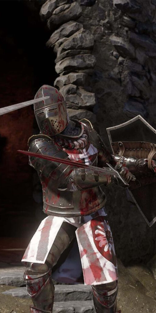 Medieval Knight in Full Plate Armor with Bloodstained Sword and Shield on Stone Structure Background Wallpaper