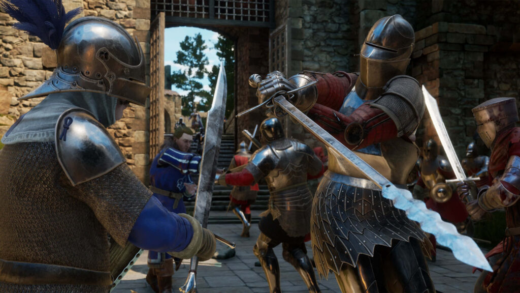 Warriors Clash in Epic Sword Battle: A Stunning 1440p Snapshot from the Mordhau Game's Thrilling Fight Scene Wallpaper