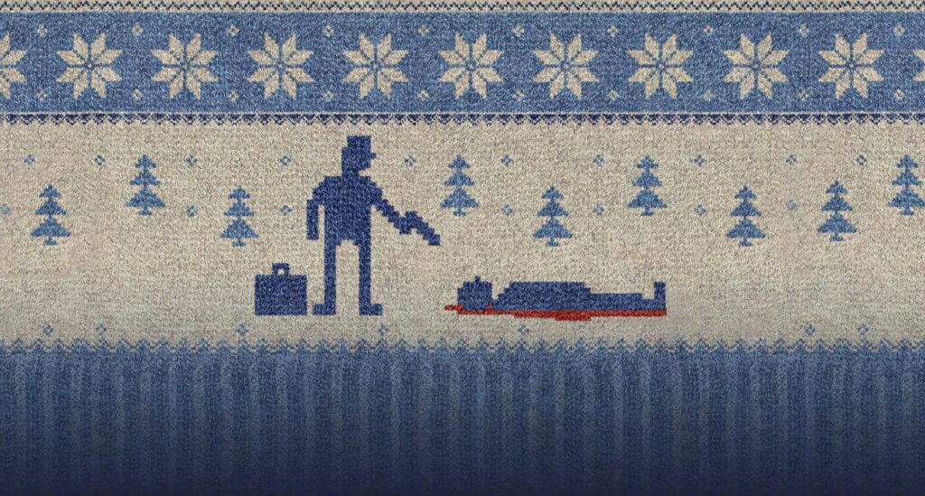Knitted Fargo poster wallpaper with crime scene figure snowflakes trees Nordic sweater style winter