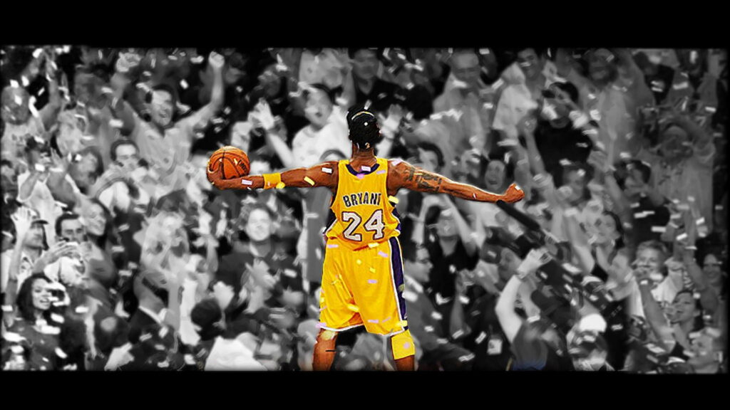Kobe Bryant Lakers #24 jersey with basketball celebrating victory confetti black and white crowd Wallpaper