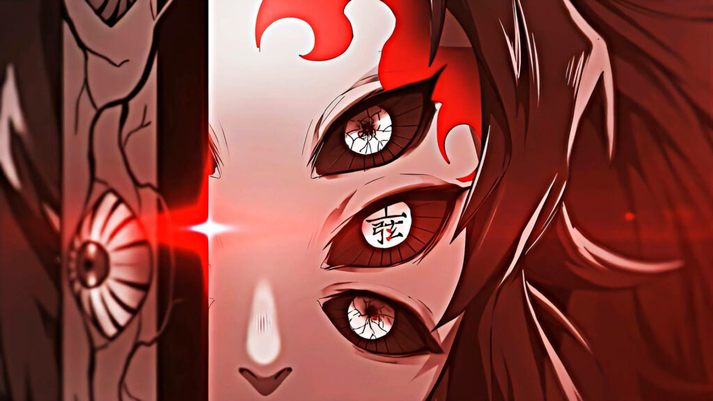 The Terrifying Visage of Kokushibo: A Bloodied Demon Slayer with a Sinister Half-Face and Piercing Four Eyes Wallpaper