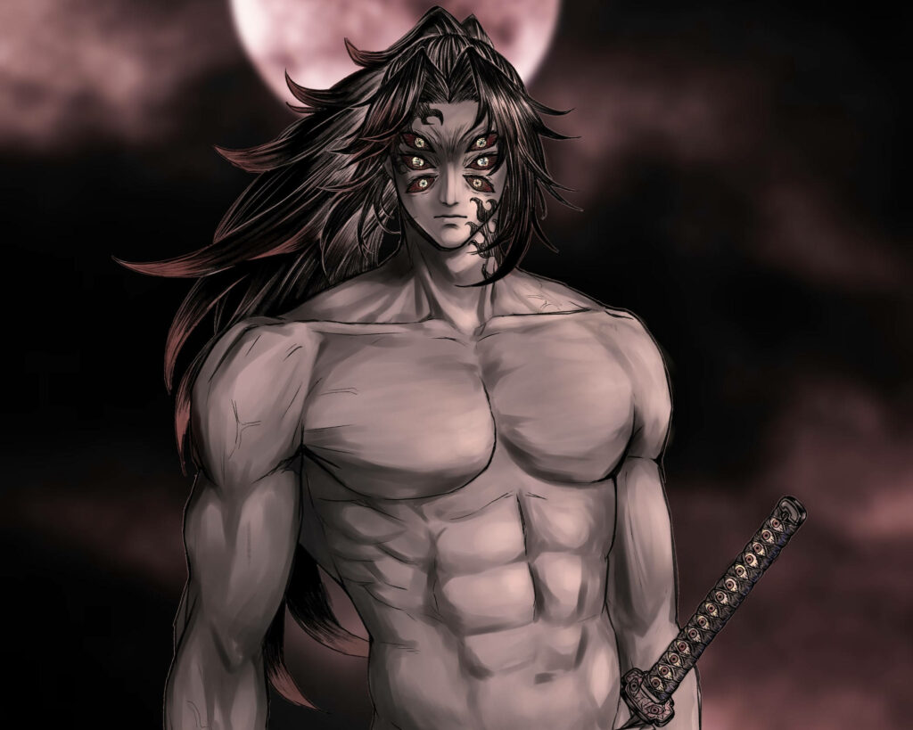 The Intense Warrior: Kokushibo, the Terrifying Demon Slayer with Raven Black Hair, Unleashes his Sword Wallpaper
