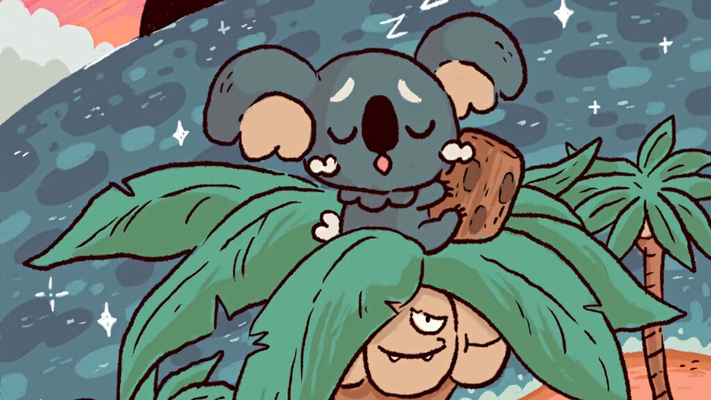 Komala sleeping on Alolan Exeggutor with lush leaves and dreamy nighttime palm trees wallpaper
