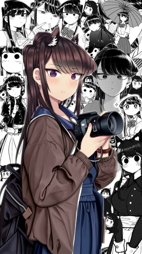 Komi-san Wallpaper: Stylish Anime Character with Camera & Manga Panels