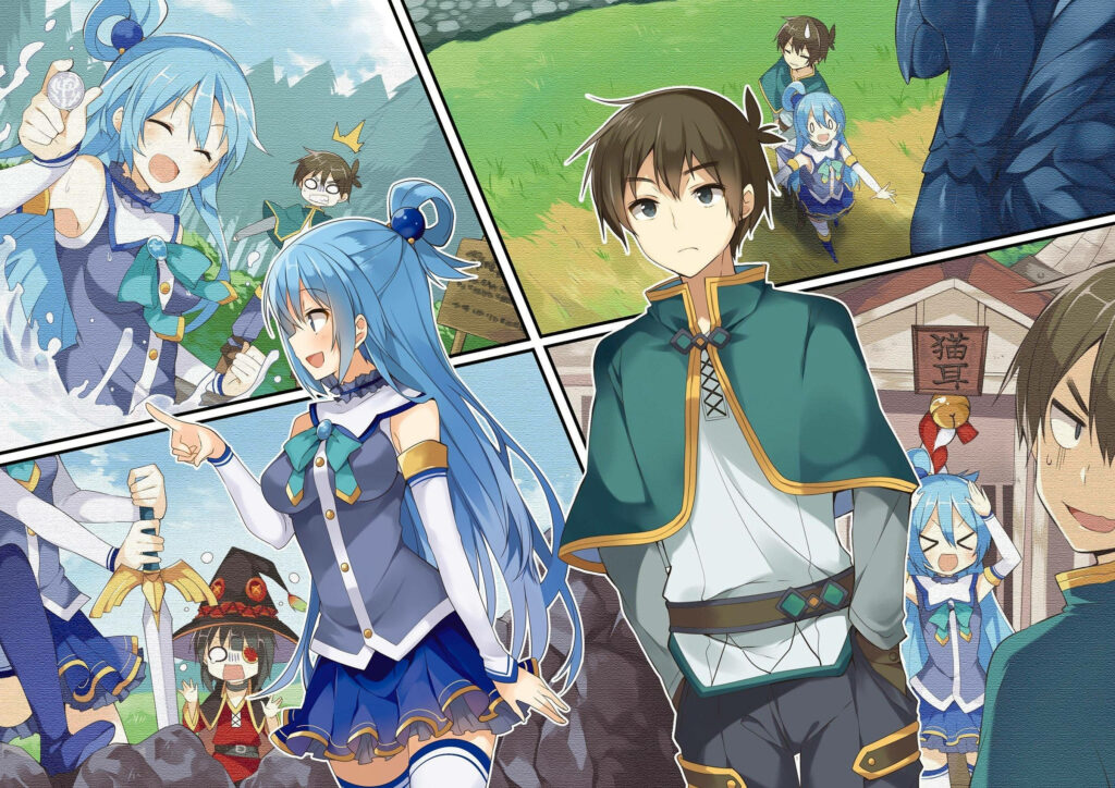 Konosuba: Embarking on Comedic Adventures with Kazuma, Aqua, and Megumin Wallpaper