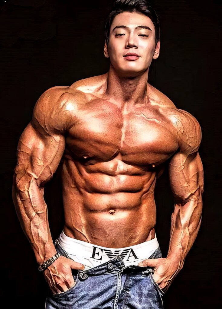 Korean bodybuilder showcasing muscular physique and definition in HD wallpaper background