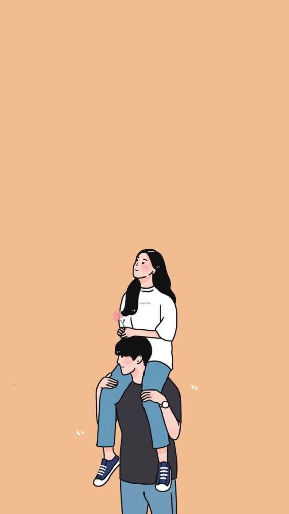 Korean-style digital illustration of boyfriend piggyback ride with warm peach background wallpaper