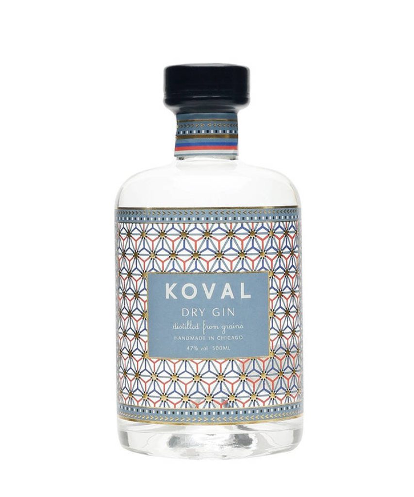 Koval Organic Dry Gin bottle with geometric blue orange gold label on white background wallpaper