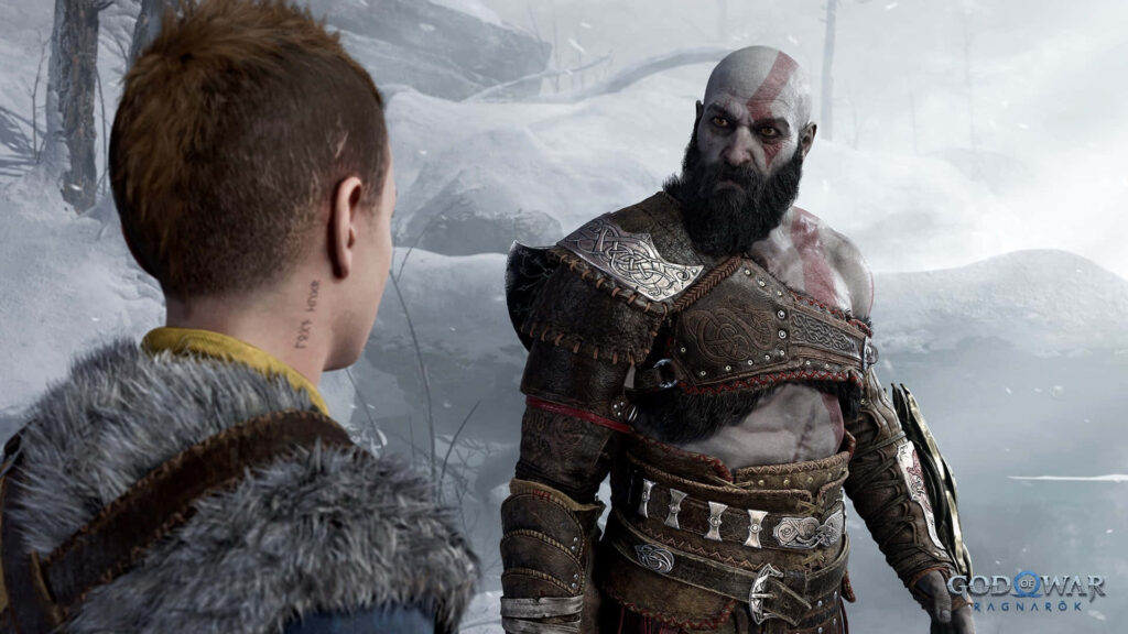 Kratos & Atreus in Intense Snowy Scene - God of War Ragnarok Wallpaper