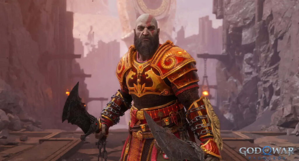 Kratos in God of War Ragnarok Armor: Epic Battle Wallpaper