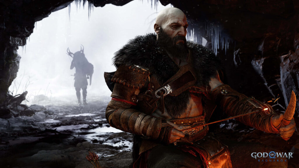 Kratos in a Snowy Cave: God of War Ragnarok Wallpaper Background
