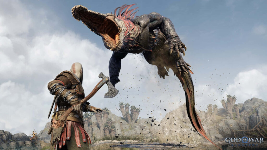 Epic Kratos vs Monster: Dynamic God of War Ragnarok Wallpaper