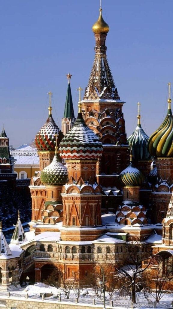 Kremlin Cathedral Moscow colorful domes snow intricate architecture bright winter wallpaper background