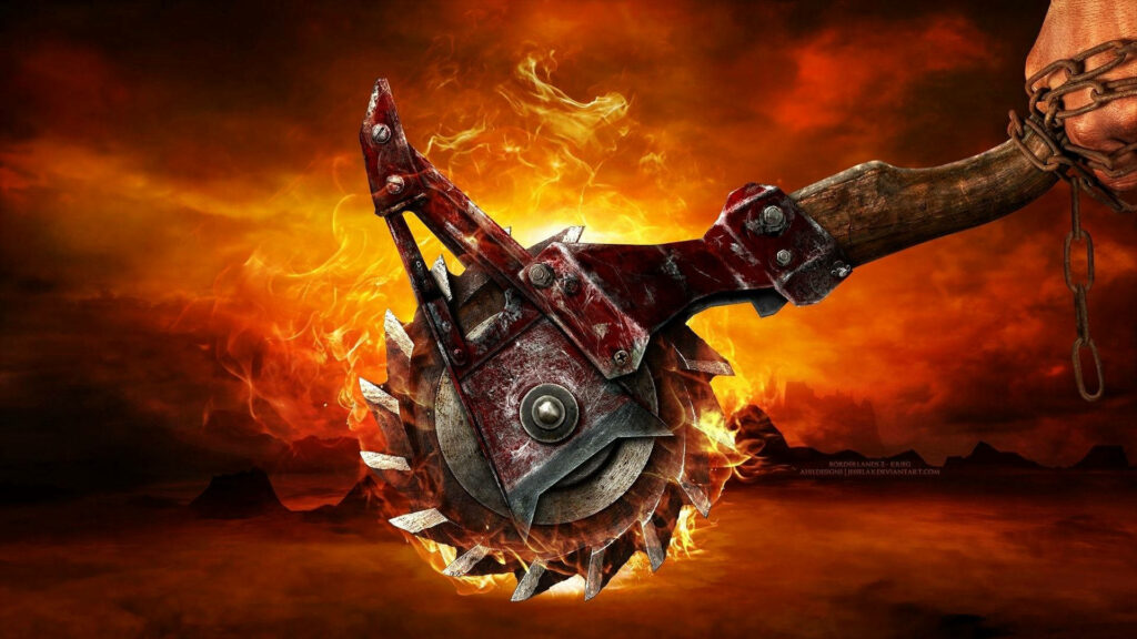 Borderlands 3 Character Hand Gripping Buzz Axe Wallpaper - Fiery Orange Chaos