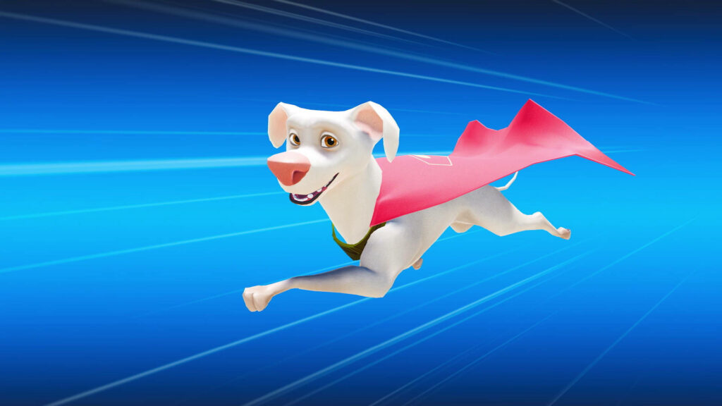 Krypto from DC League of Super Pets flying heroically on vibrant blue background wallpaper