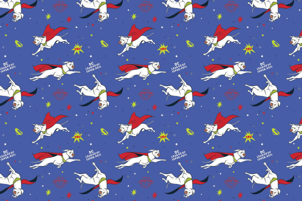 Krypto flying with red cape wallpaper DC League Of Super Pets blue background superhero pattern