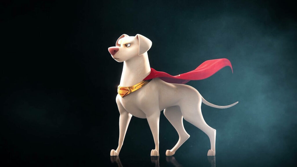 Krypto the Superdog heroically with flowing red cape showing strength DC League of Super Pets wallpaper
