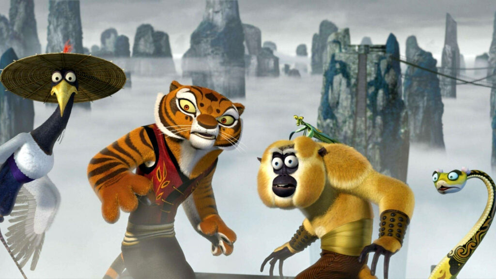 Confused Kung Fu Panda Characters in a Mysterious Misty Landscape Wallpaper