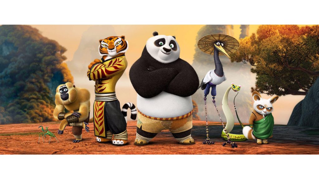 Kung Fu Panda Po Furious Five Master Shifu heroic pose sunlit mountains CGI wallpaper