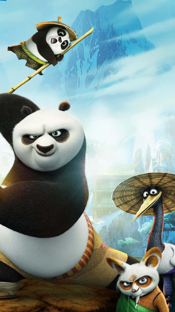 Kung Fu Panda iPhone wallpaper with Po Li Shan Master Shifu and Crane on misty mountain