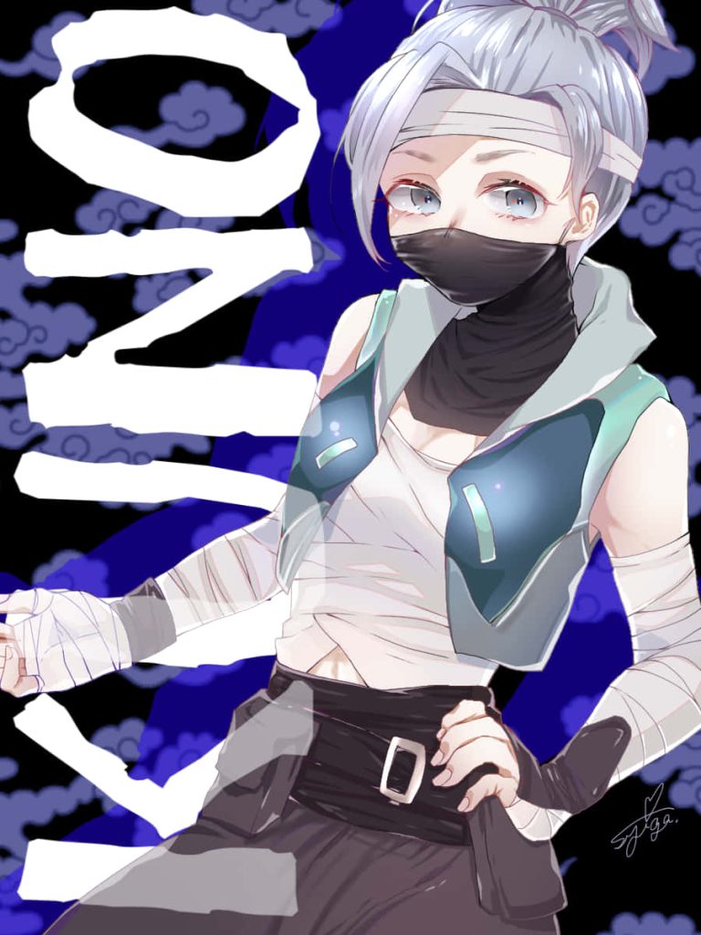 Anime-style Fortnite Kuno wallpaper featuring silver hair ninja with mask and bandages background