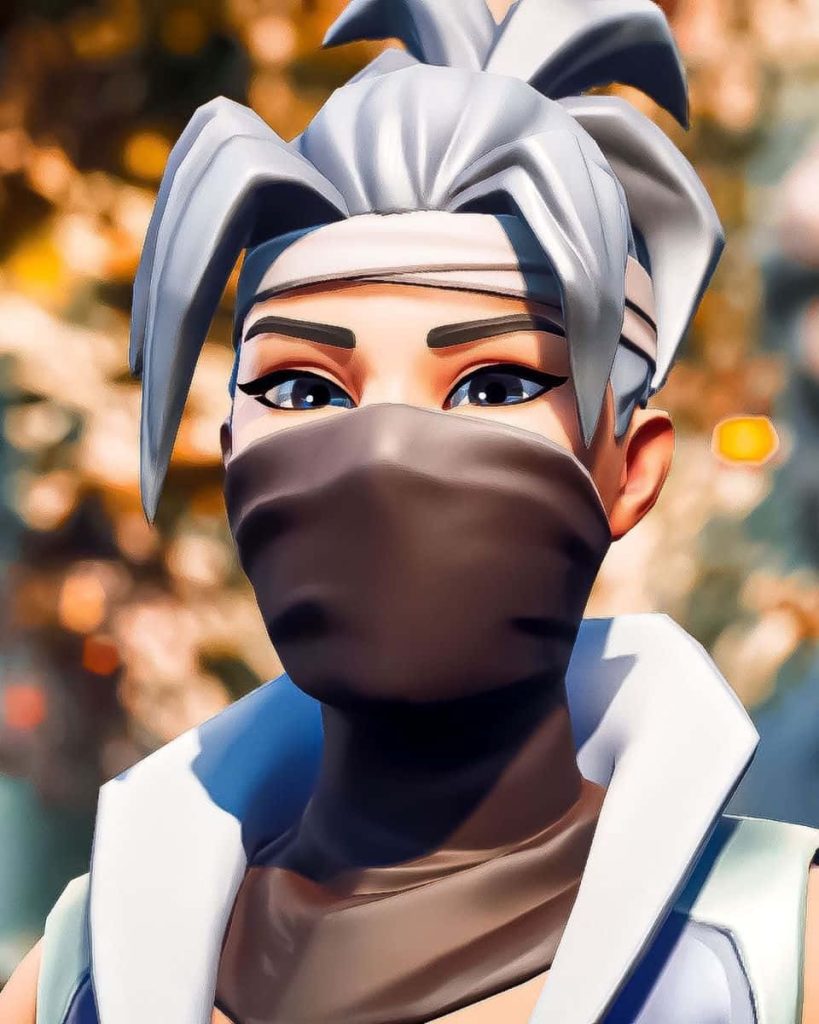 CGI portrait of Fortnite Kuno with silver hair headband and dark mask on warm background Wallpaper
