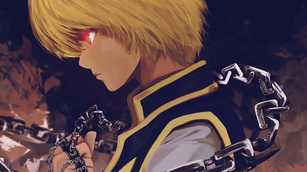 Kurapika in Emperor Time with glowing red eyes and chains dark Hunter x Hunter wallpaper