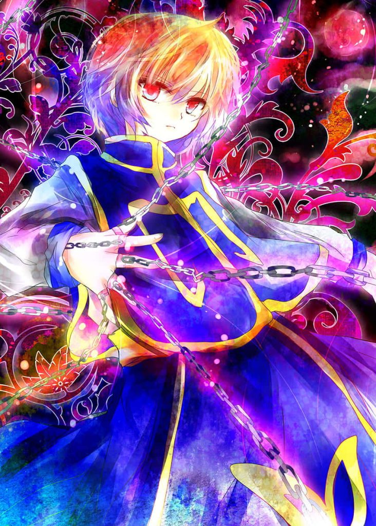 Hunter x Hunter Kurapika with glowing red eyes yellow hair chains magenta blue anime wallpaper