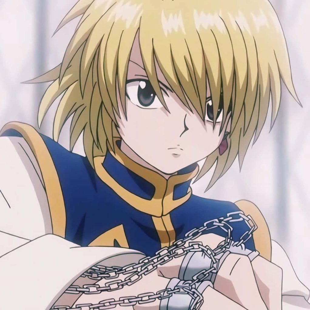 Hunter x Hunter Kurapika anime wallpaper with intense expression blue gold outfit and chains