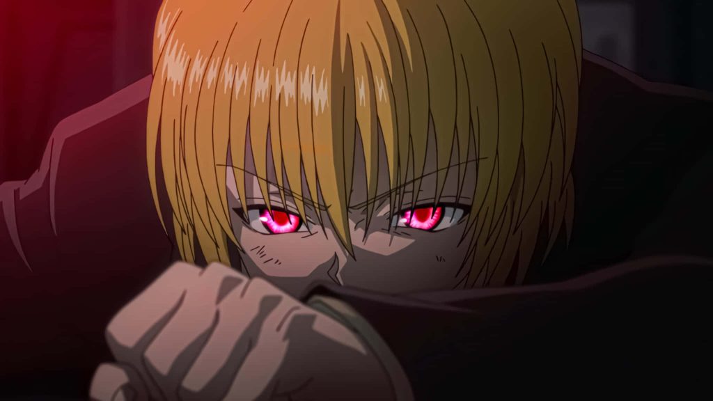Kurapika close up with glowing Scarlet Eyes dark background intense Hunter x Hunter anime wallpaper