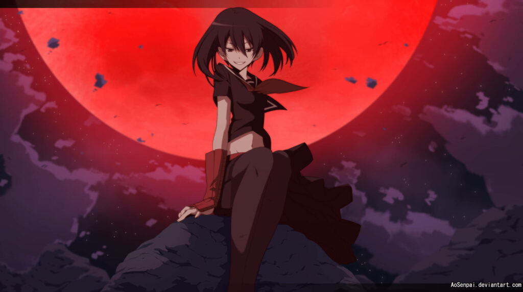 Kurome from Akame ga Kill sitting on rocks under a massive red moon night sky wallpaper