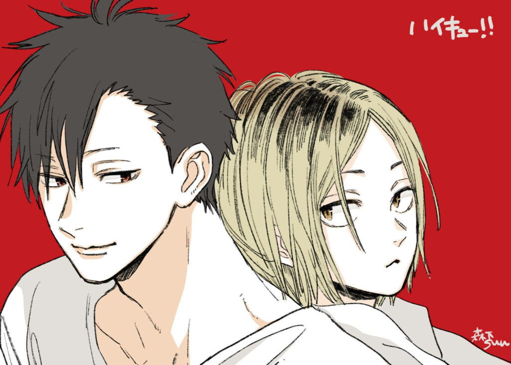 Dynamic Duo: Kenma and Kuroo Strike a Pose on a Vibrant Red Canvas Wallpaper