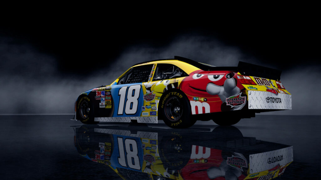 Kyle Busch No 18 M&M’s race car vibrant design against smoky backdrop high speed energy wallpaper