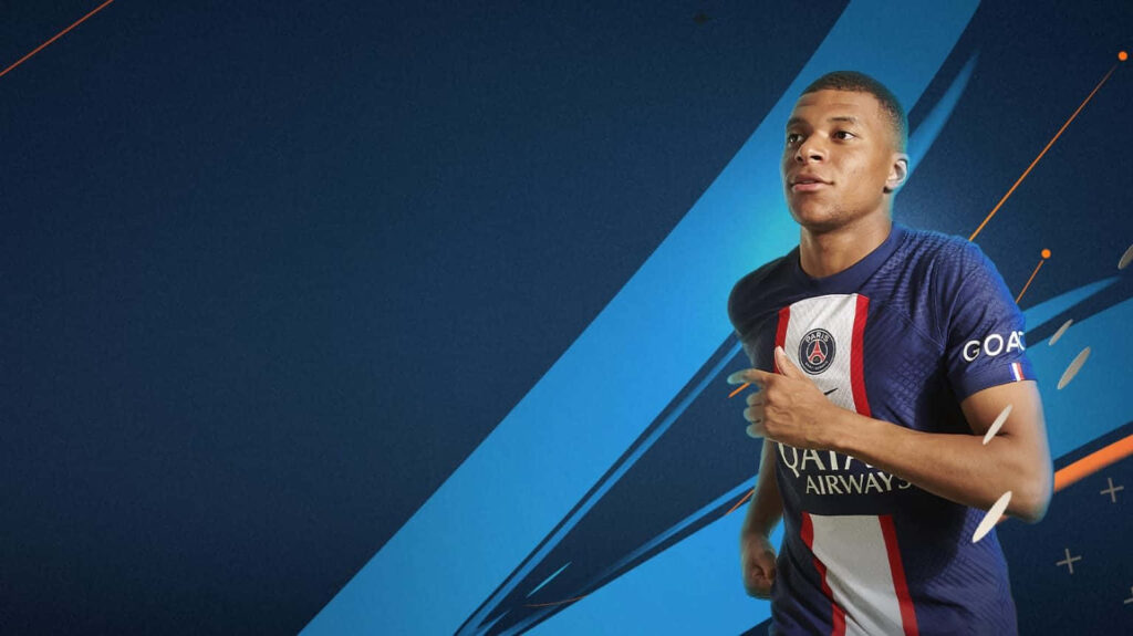 Kylian Mbappe Wallpaper: Dynamic Motion in Blue & Orange Background