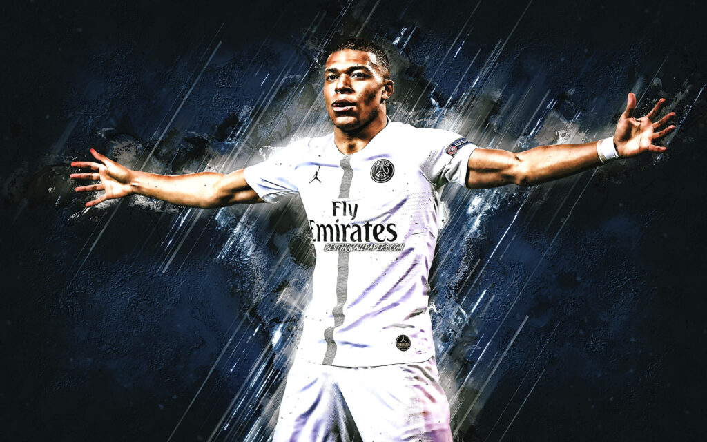 Vibrant Kylian Mbappe Wallpaper: Fly Emirates Jersey & Dramatic Design