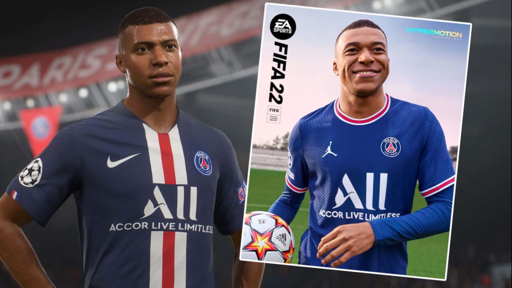 FIFA 22 wallpaper with Kylian Mbappé realistic in-game render and official cover art background