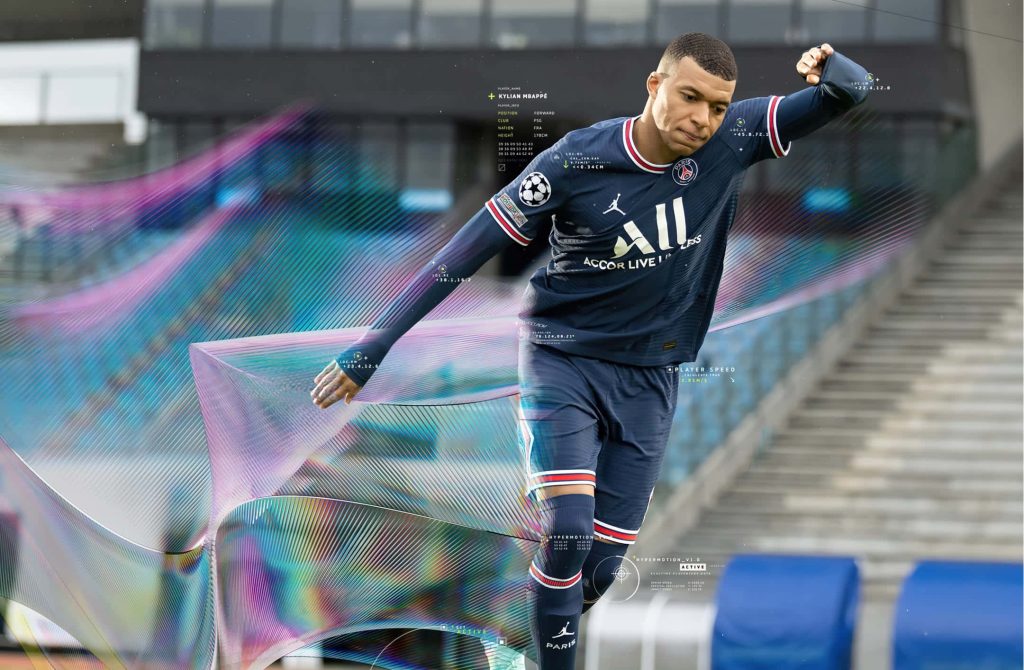 FIFA 22 wallpaper featuring Kylian Mbappé in futuristic HyperMotion digital graphics background