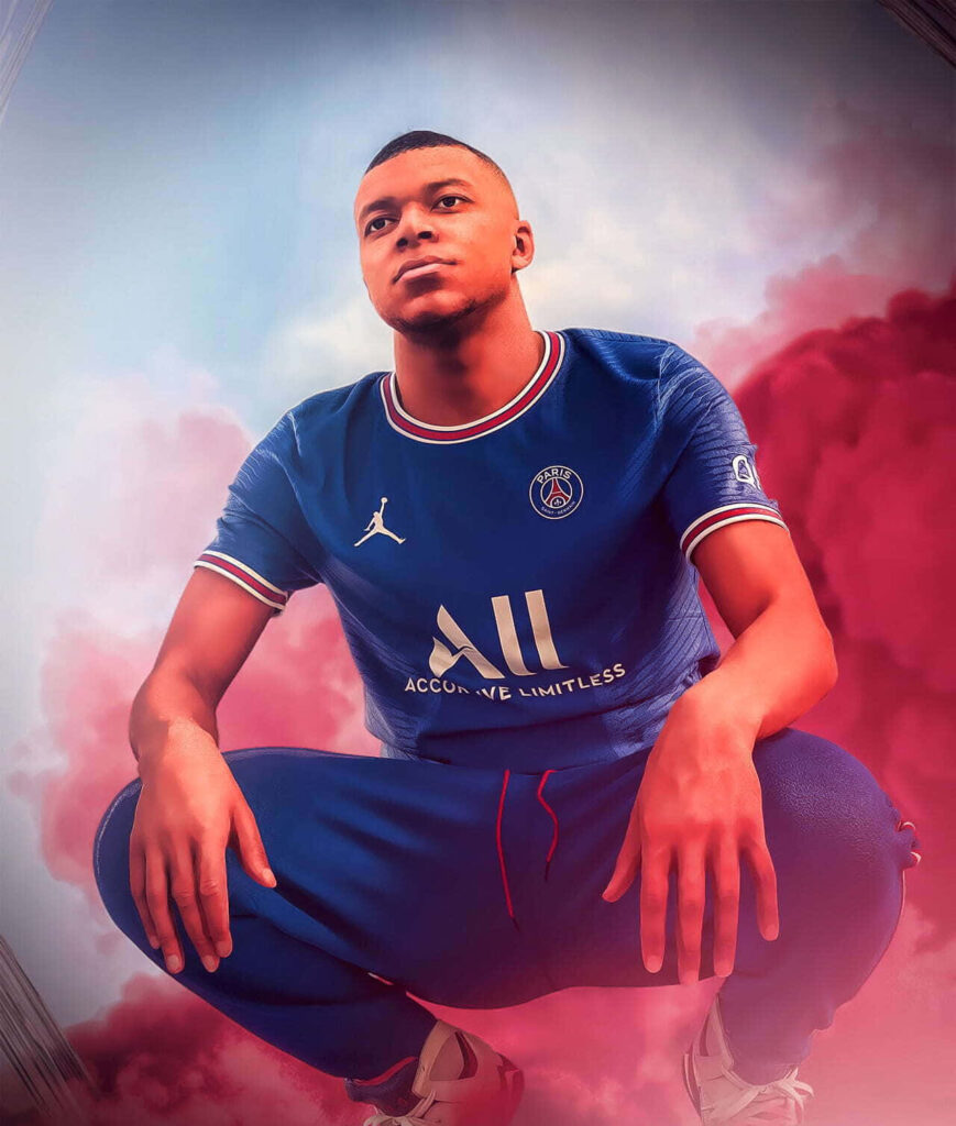 Kylian Mbappe Dynamic PSG Wallpaper: Vibrant Red & Blue Background