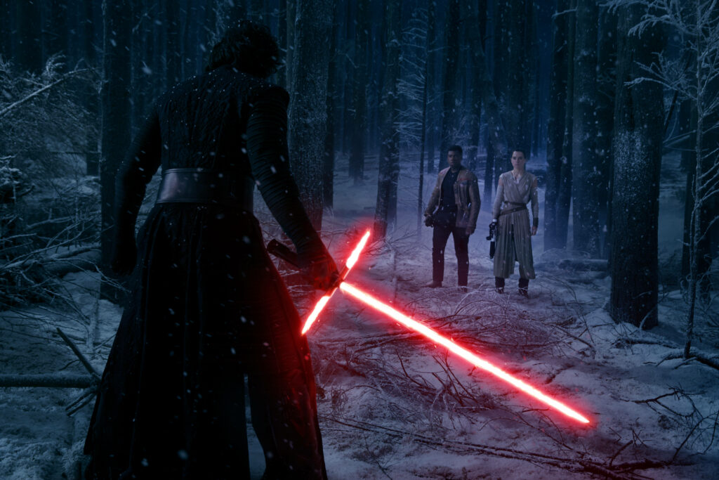 Intense Kylo Ren Star Wars Wallpaper: Red Lightsaber in Snowy Forest