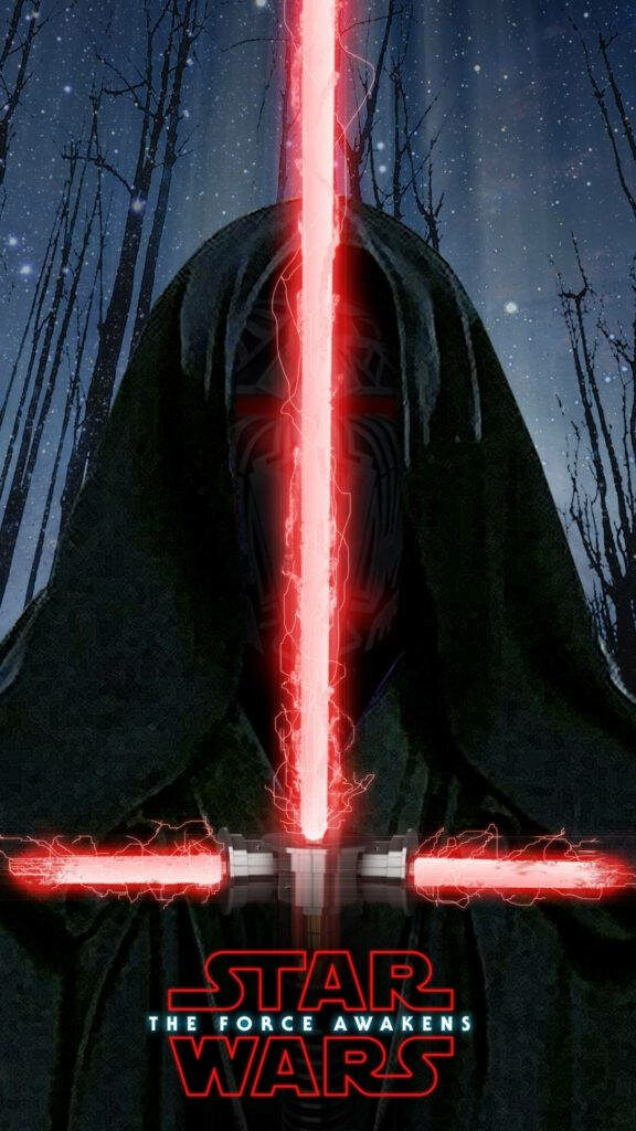 The Enigmatic Kylo Ren amidst the Forest with his Glowing Cross-Guard Lightsaber - A Force Awakens-inspired Star Wars iPhone Background Wallpaper