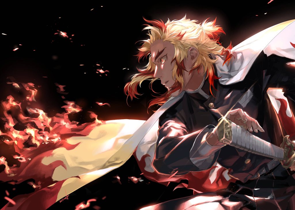 Kyojuro Rengoku Demon Slayer Flame Hashira anime wallpaper with dynamic sword pose and embers